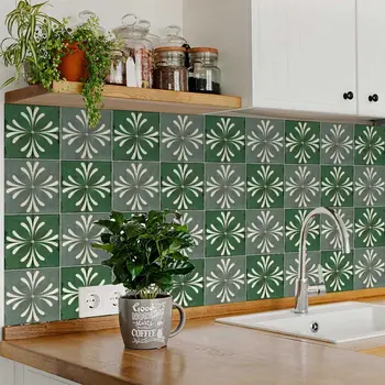 4" x 4" Green And Gray Vinyl Arabesque Peel And Stick Removable Tiles