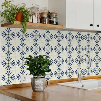7" x 7" Blue Vinyl Arabesque Peel And Stick Removable Tiles