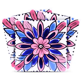 4" x 4" Blue And Pink Vinyl Arabesque Peel And Stick Removable Tiles