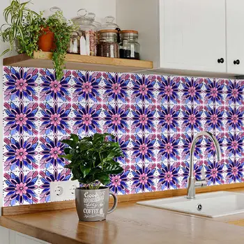 4" x 4" Blue And Pink Vinyl Arabesque Peel And Stick Removable Tiles