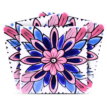 7" x 7" Blue And Pink Vinyl Arabesque Peel And Stick Removable Tiles