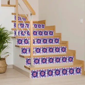 8" x 8" Blue And Pink Vinyl Arabesque Peel And Stick Removable Tiles