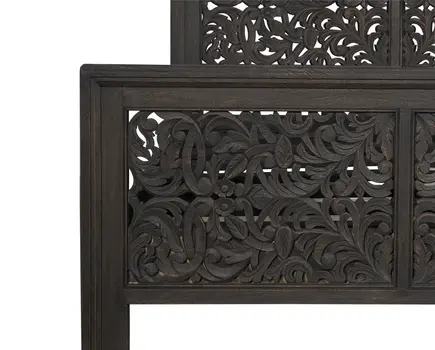 Gray Carved Scrollwork Distressed Solid Wood Queen Bed Frame