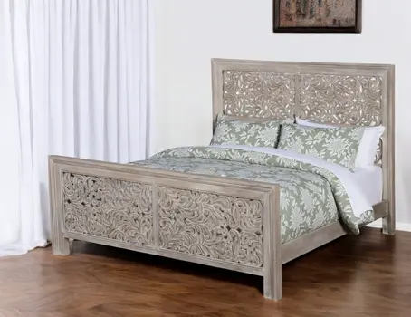 Gray Carved Scrollwork Distressed Solid Wood King Bed Frame