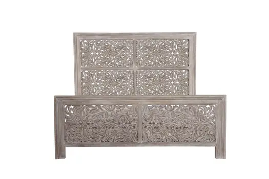 Gray Carved Scrollwork Distressed Solid Wood King Bed Frame