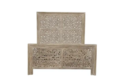 Gray Carved Scrollwork Distressed Solid Wood Queen Bed Frame