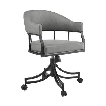 Gray And Black Upholstered Faux Leather Open Back Dining Arm Chair With Wheels