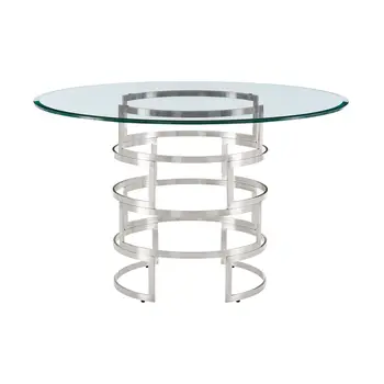 48" Clear And Silver Glass And Stainless Steel Pedestal Base Round Top Dining Table