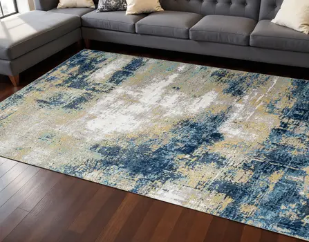 8' X 10' Blue Ivory and Gold Abstract Hand Knotted Area Rug