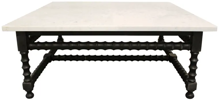 48" White And Black Genuine Marble And Solid Wood Square Coffee Table