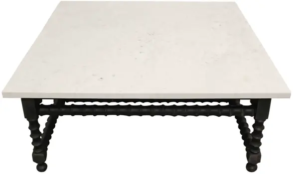 48" White And Black Genuine Marble And Solid Wood Square Coffee Table
