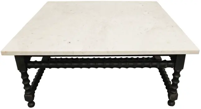 48" White And Black Genuine Marble And Solid Wood Square Coffee Table