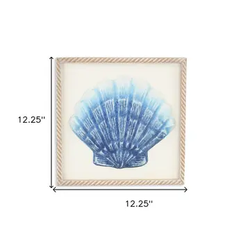 Blue and White Distressed Metal Sea Shell Brown Frame Wall Art