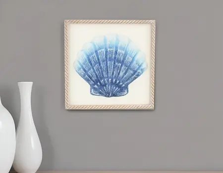 Blue and White Distressed Metal Sea Shell Brown Frame Wall Art