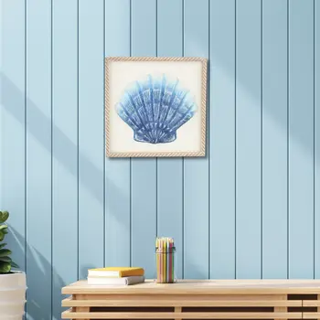 Blue and White Distressed Metal Sea Shell Brown Frame Wall Art