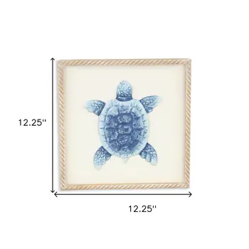 Blue and White Distressed Metal Sea Turtle Brown Frame Wall Art
