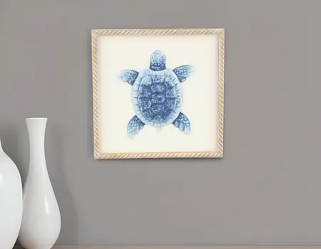Blue and White Distressed Metal Sea Turtle Brown Frame Wall Art