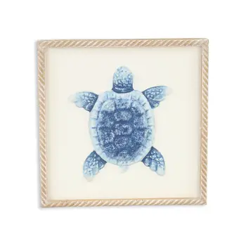 Blue and White Distressed Metal Sea Turtle Brown Frame Wall Art