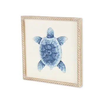 Blue and White Distressed Metal Sea Turtle Brown Frame Wall Art