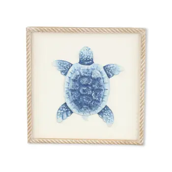 Blue and White Distressed Metal Sea Turtle Brown Frame Wall Art