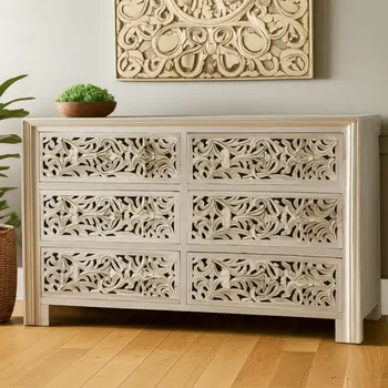 57" Gray Solid Wood Six Drawer Dresser