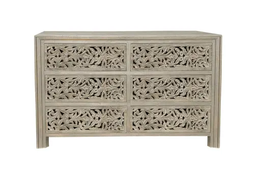 57" Gray Solid Wood Six Drawer Dresser