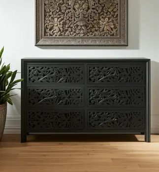 57" Black Solid Wood Six Drawer Dresser