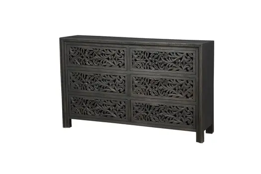 57" Black Solid Wood Six Drawer Dresser