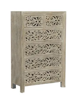 35" Gray Carved Floral Solid Wood Six Drawer Dresser