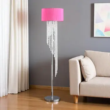 53" Clear And Silver Crystal And Metal Floor Lamp With Hot Pink Linen Drum Shade