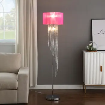 53" Clear And Silver Crystal And Metal Floor Lamp With Hot Pink Linen Drum Shade
