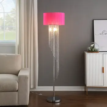 53" Clear And Silver Crystal And Metal Floor Lamp With Hot Pink Linen Drum Shade