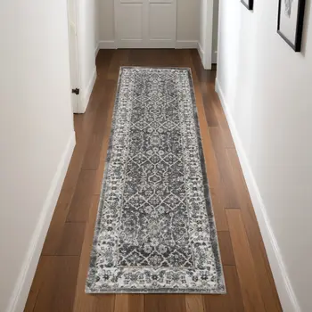 8' Gray Floral Power Loom Runner Rug