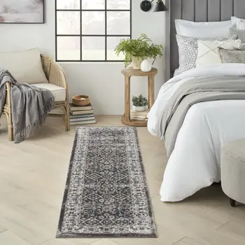 8' Teal Ivory And Gray Floral Medallion Runner Rug