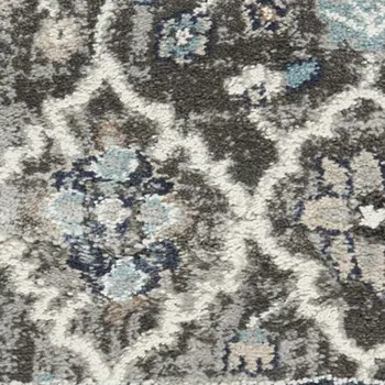 8' Teal Ivory And Gray Floral Medallion Runner Rug