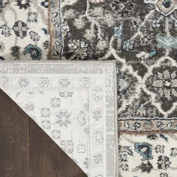 8' Teal Ivory And Gray Floral Medallion Runner Rug
