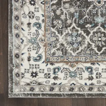 8' Teal Ivory And Gray Floral Medallion Runner Rug