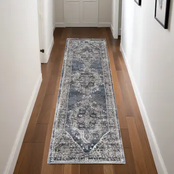 8' Blue Floral Power Loom Distressed Runner Rug