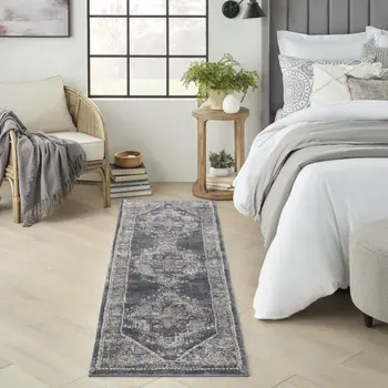 8' Teal Ivory And Gray Floral Medallion Distressed Runner Rug