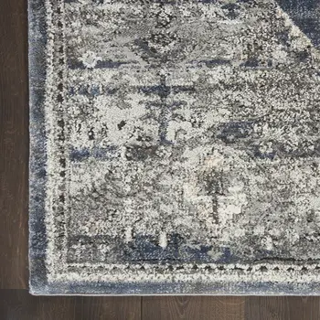 8' Teal Ivory And Gray Floral Medallion Distressed Runner Rug