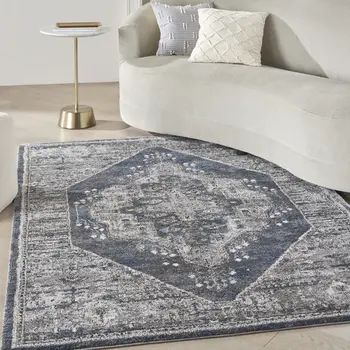4' X 6' Blue Floral Power Loom Distressed Area Rug