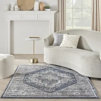 4' X 6' Blue Floral Power Loom Distressed Area Rug