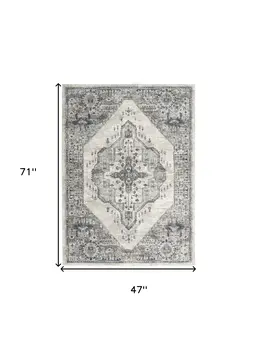 4' X 6' Gray Floral Power Loom Distressed Area Rug