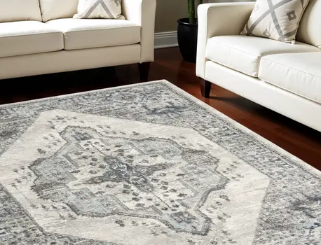 8' X 10' Gray Floral Power Loom Distressed Area Rug