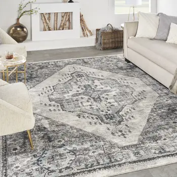 8' X 10' Gray Floral Power Loom Distressed Area Rug