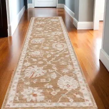 10' Brown Floral Power Loom Distressed Runner Rug