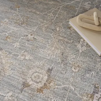 5' X 8' Blue Floral Power Loom Distressed Area Rug