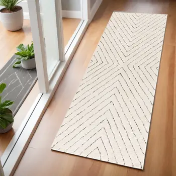 6' Ivory and Black Geometric Runner Rug