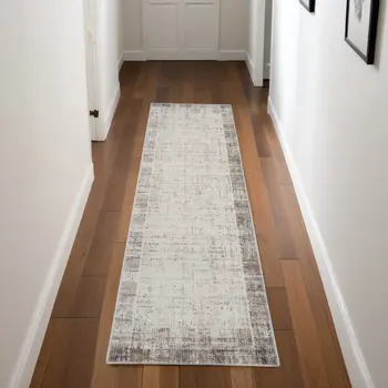 8' Ivory and Gray Abstract Runner Rug