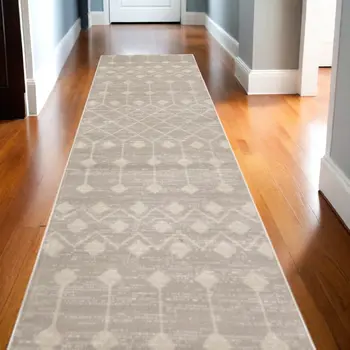 10' Beige Geometric Power Loom Runner Rug